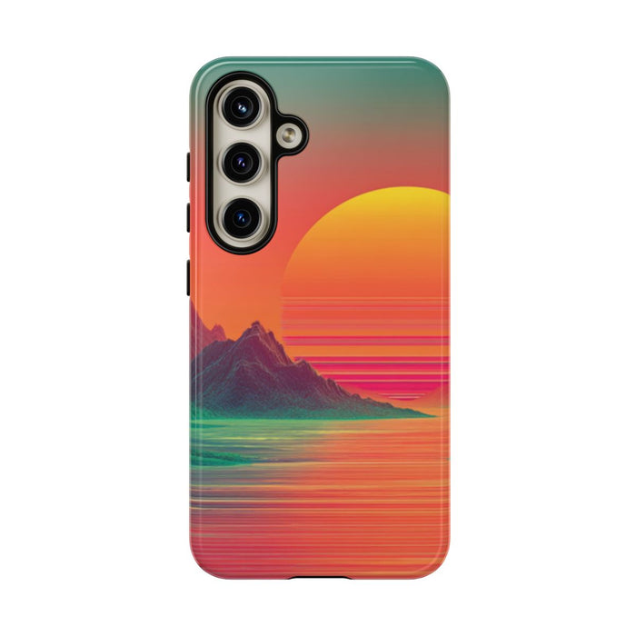 Neon Zonsondergang met Bergen en Zee