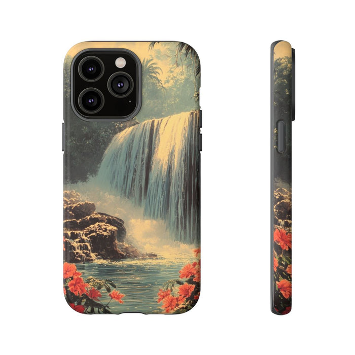 Tropische Waterval met Rode Bloemen