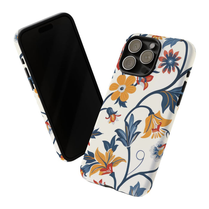 Retro Bloemenpatroon in Blauw, Rood en Geel