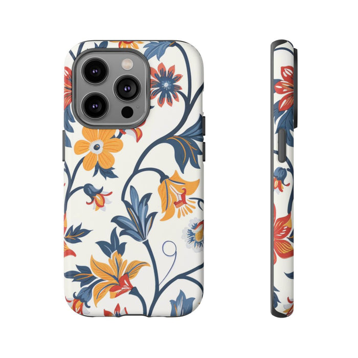 Retro Bloemenpatroon in Blauw, Rood en Geel