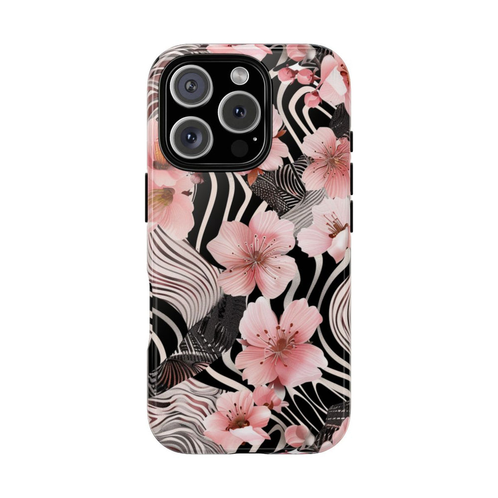 Roze Kersenbloesems met Zwart-Wit Abstract Patroon