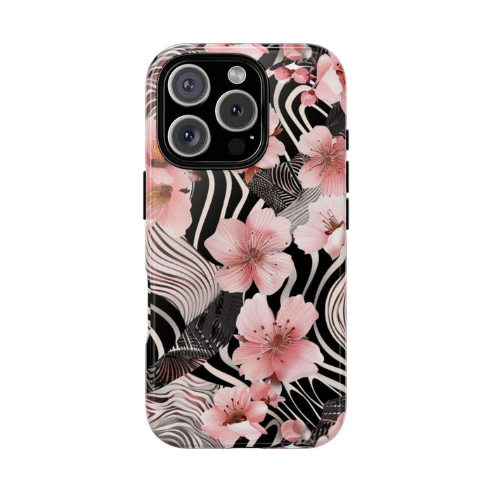 Roze Kersenbloesems met Zwart-Wit Abstract Patroon