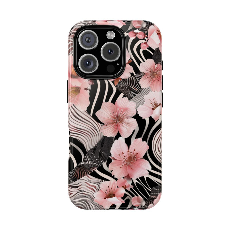 Roze Kersenbloesems met Zwart-Wit Abstract Patroon