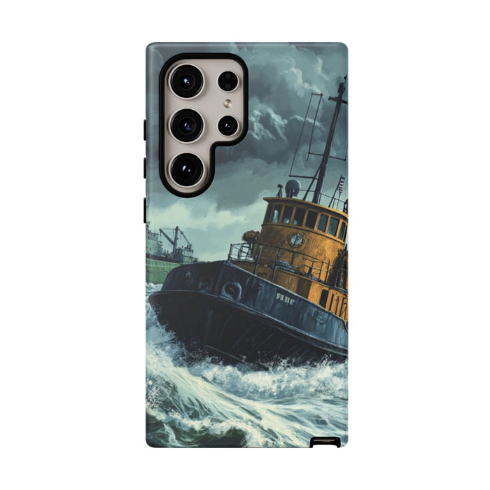 Sleepboot met Vrachtschip in Stormachtige Zee
