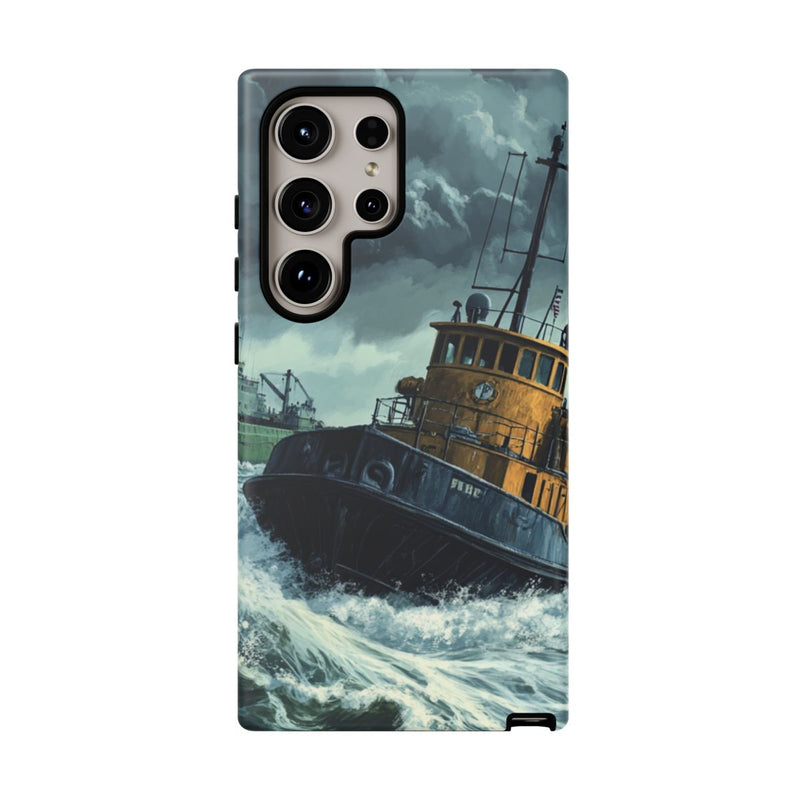 Sleepboot met Vrachtschip in Stormachtige Zee