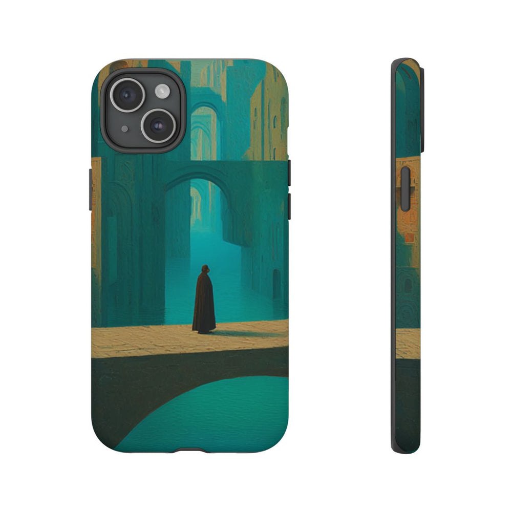 Sprookjesachtige Stad met Brug en Mysterieuze Figuur