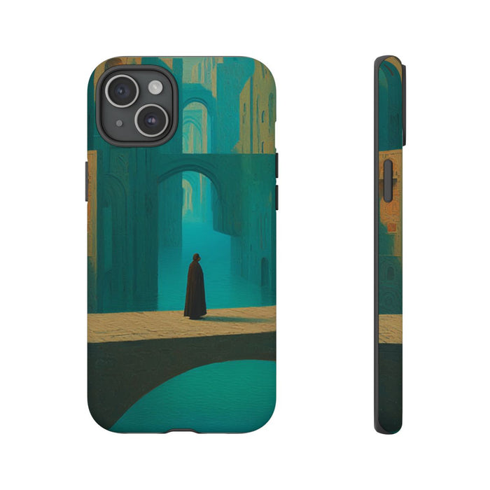 Sprookjesachtige Stad met Brug en Mysterieuze Figuur