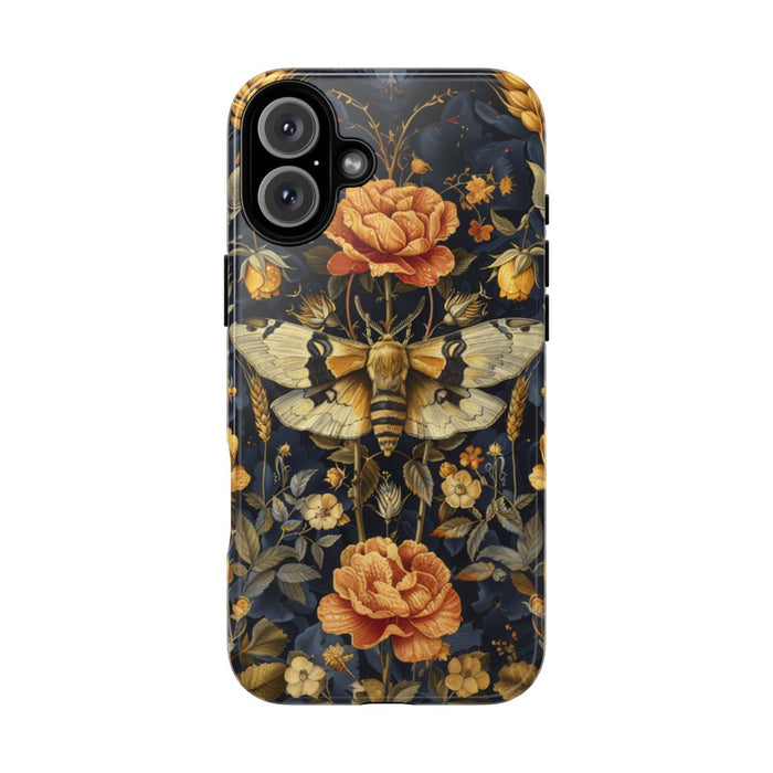 Gouden Bloemen en Mottenpatroon op Donkerblauw