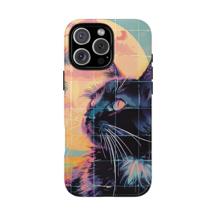 Lofi Vaporwave Kat met Zonsondergang en Palmen