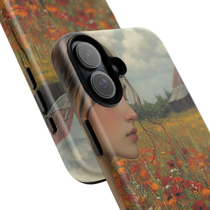 Jonge Vrouw in Bloemenveld met Schuur