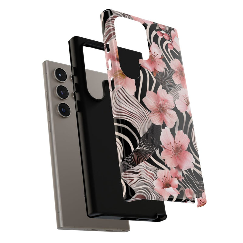 Roze Kersenbloesems met Zwart-Wit Abstract Patroon