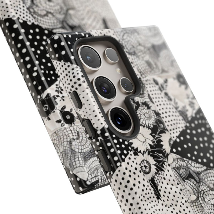 Zwart-Wit Patchwork met Bloemen en Stippen