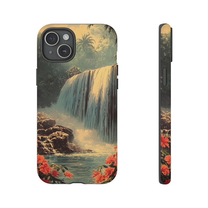 Tropische Waterval met Rode Bloemen