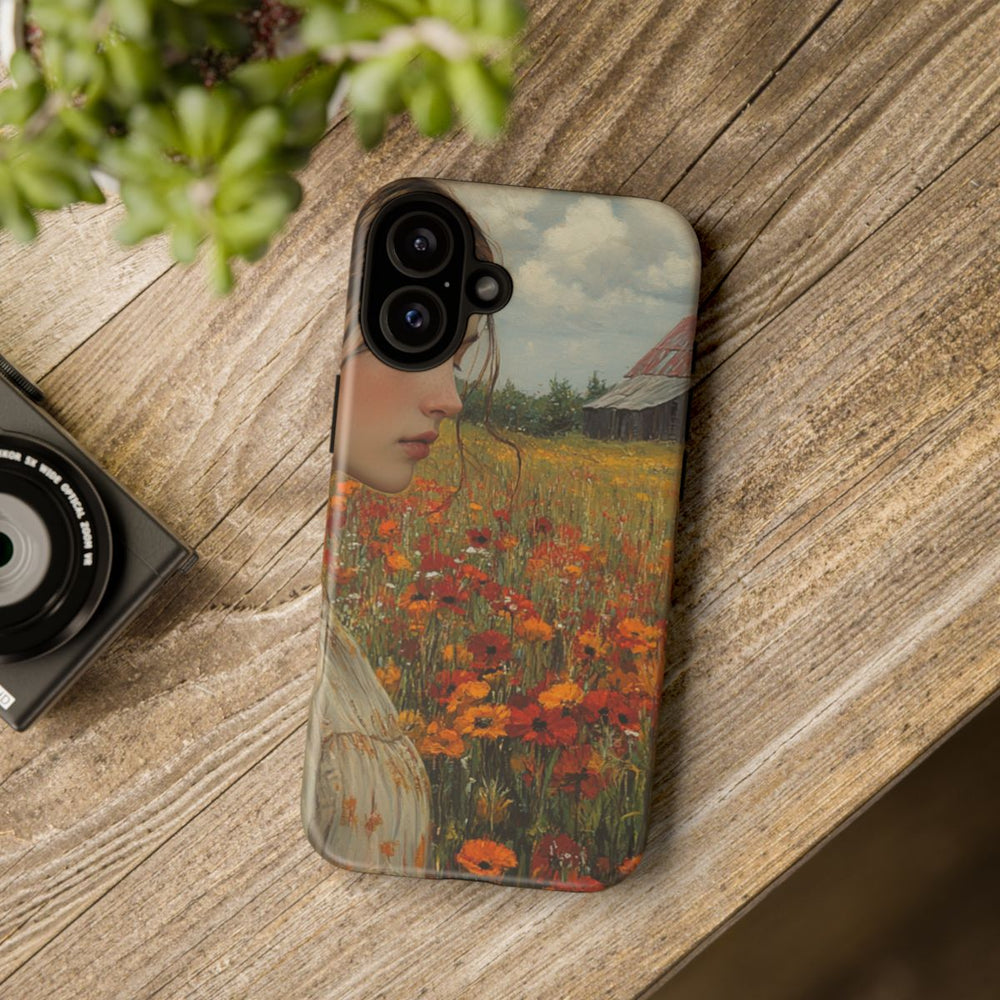 Jonge Vrouw in Bloemenveld met Schuur