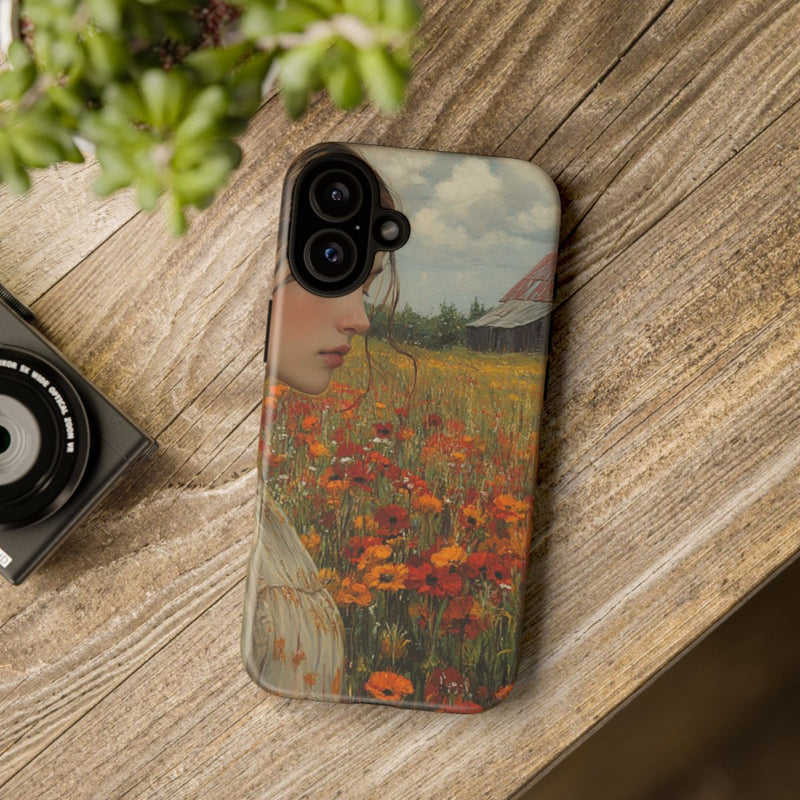 Jonge Vrouw in Bloemenveld met Schuur