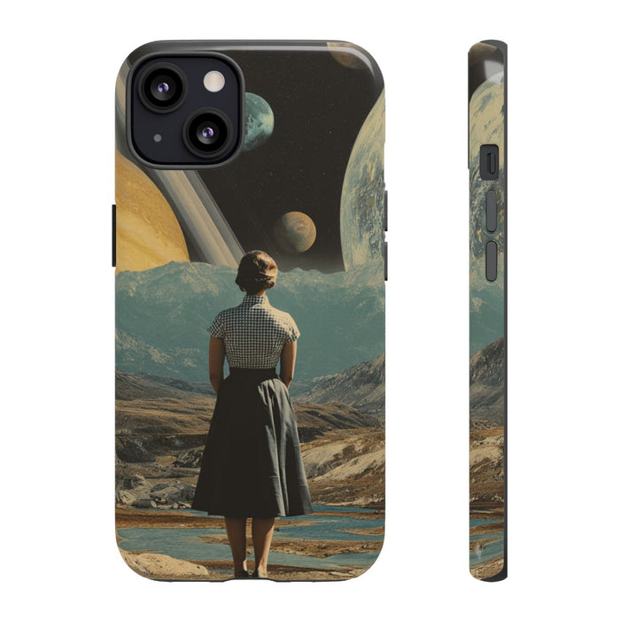 Vrouw in Vintage Jurk met Planetenlandschap