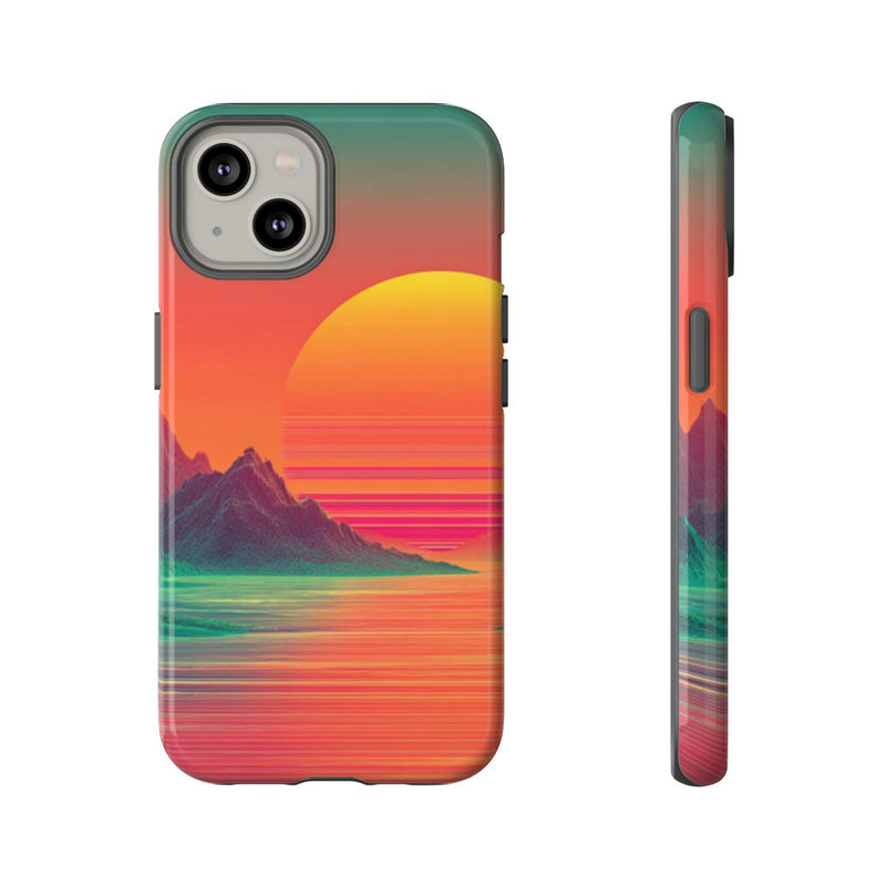 Neon Zonsondergang met Bergen en Zee