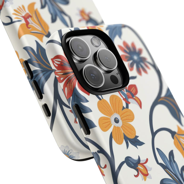 Retro Bloemenpatroon in Blauw, Rood en Geel