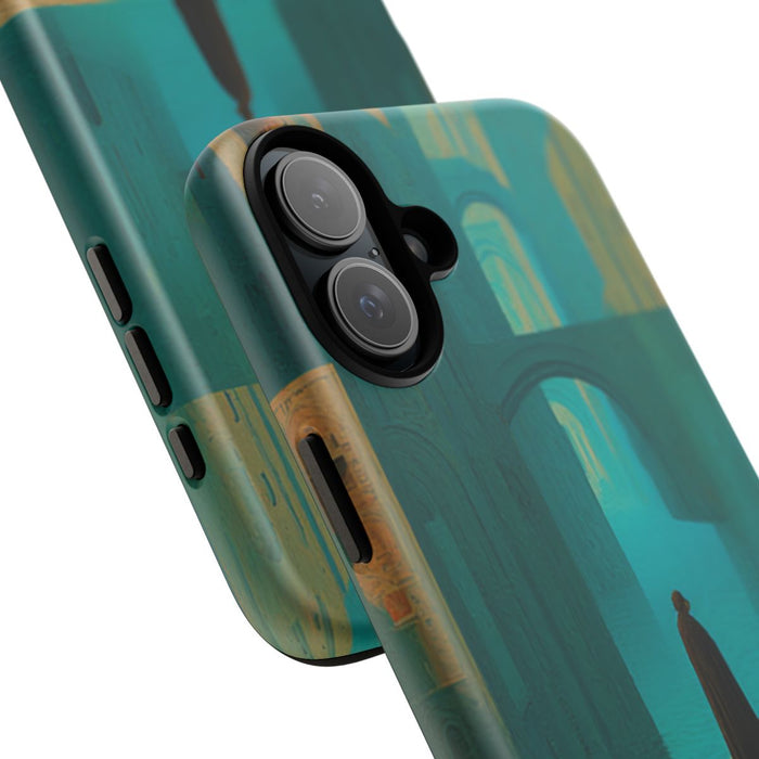 Sprookjesachtige Stad met Brug en Gehuld Figuur