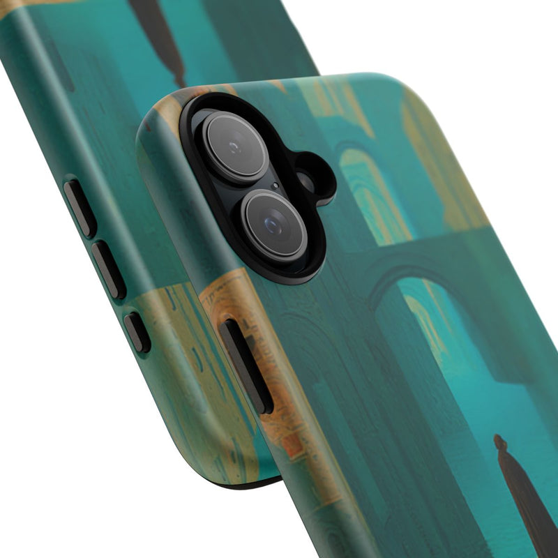 Sprookjesachtige Stad met Brug en Gehuld Figuur