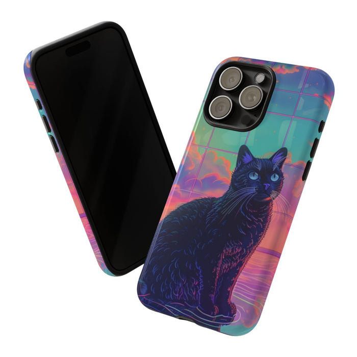 Zwarte Kat met Neonlucht Reflectie