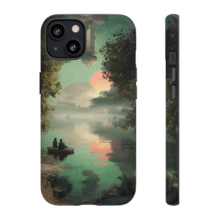 Sprookjesachtig Meerlandschap bij Zonsondergang met Twee Personen in Boot