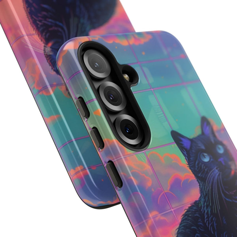 Zwarte Kat met Neonlucht Reflectie