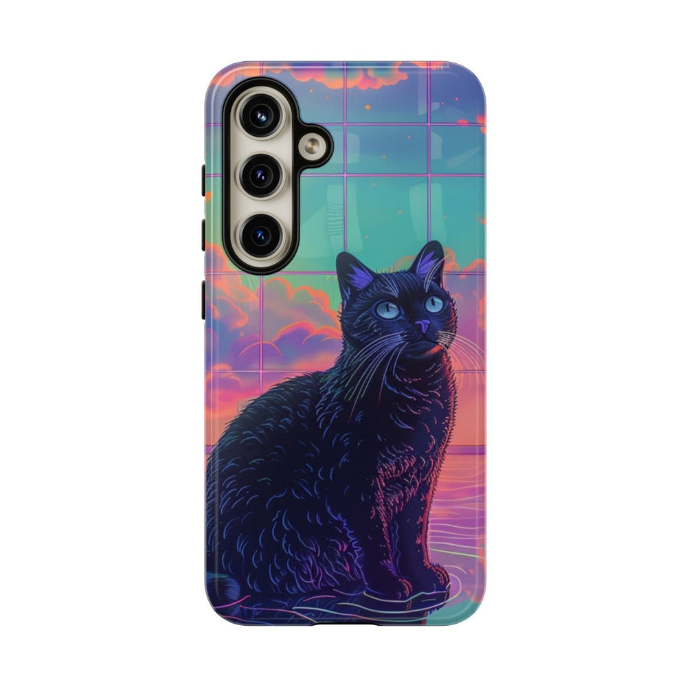 Neon Zwarte Kat met Kleurrijke Luchtreflectie
