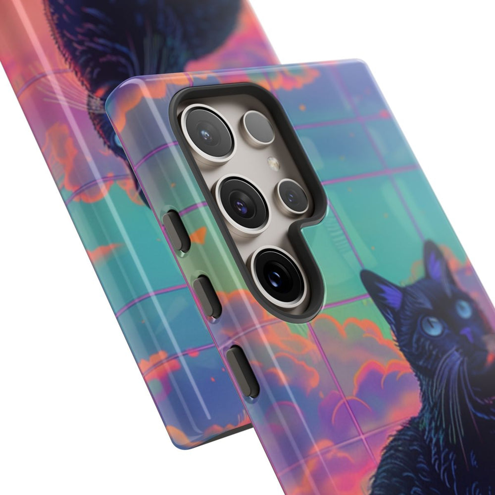 Zwarte Kat met Neonlucht Reflectie