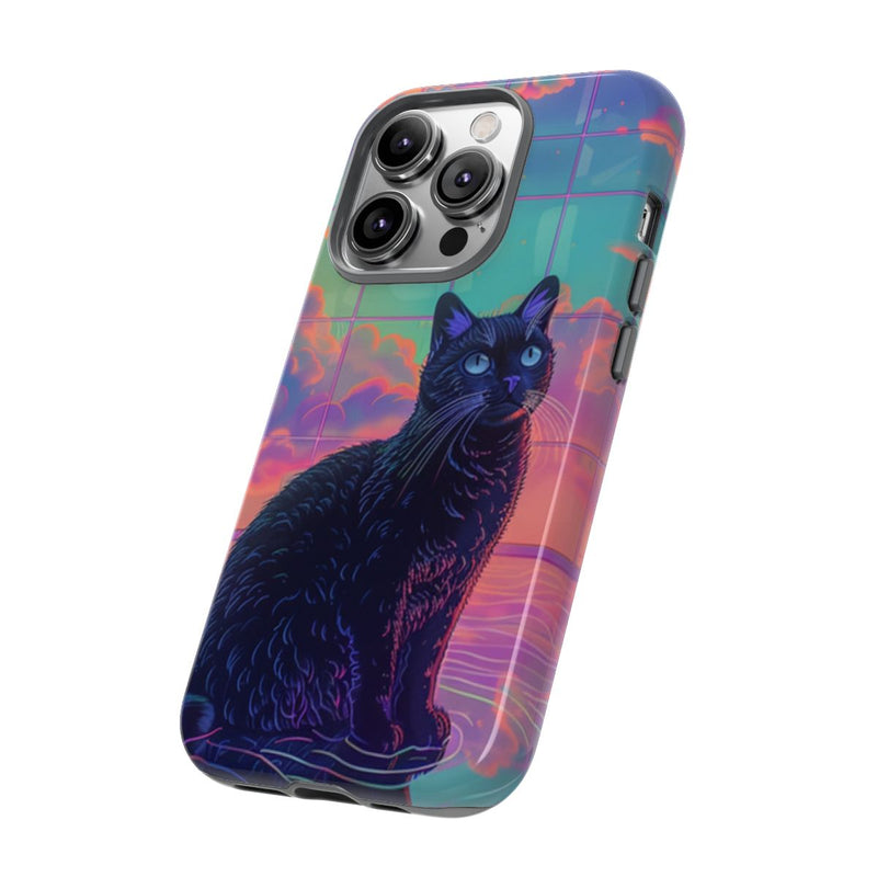 Zwarte Kat met Neonlucht Reflectie
