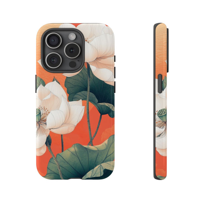Witte Lotus Bloemen met Groene Bladeren op Oranje Achtergrond