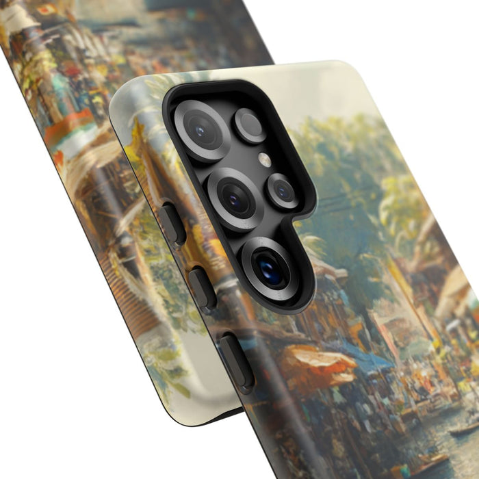 Levendige Watermarkt met Boten en Kraampjes