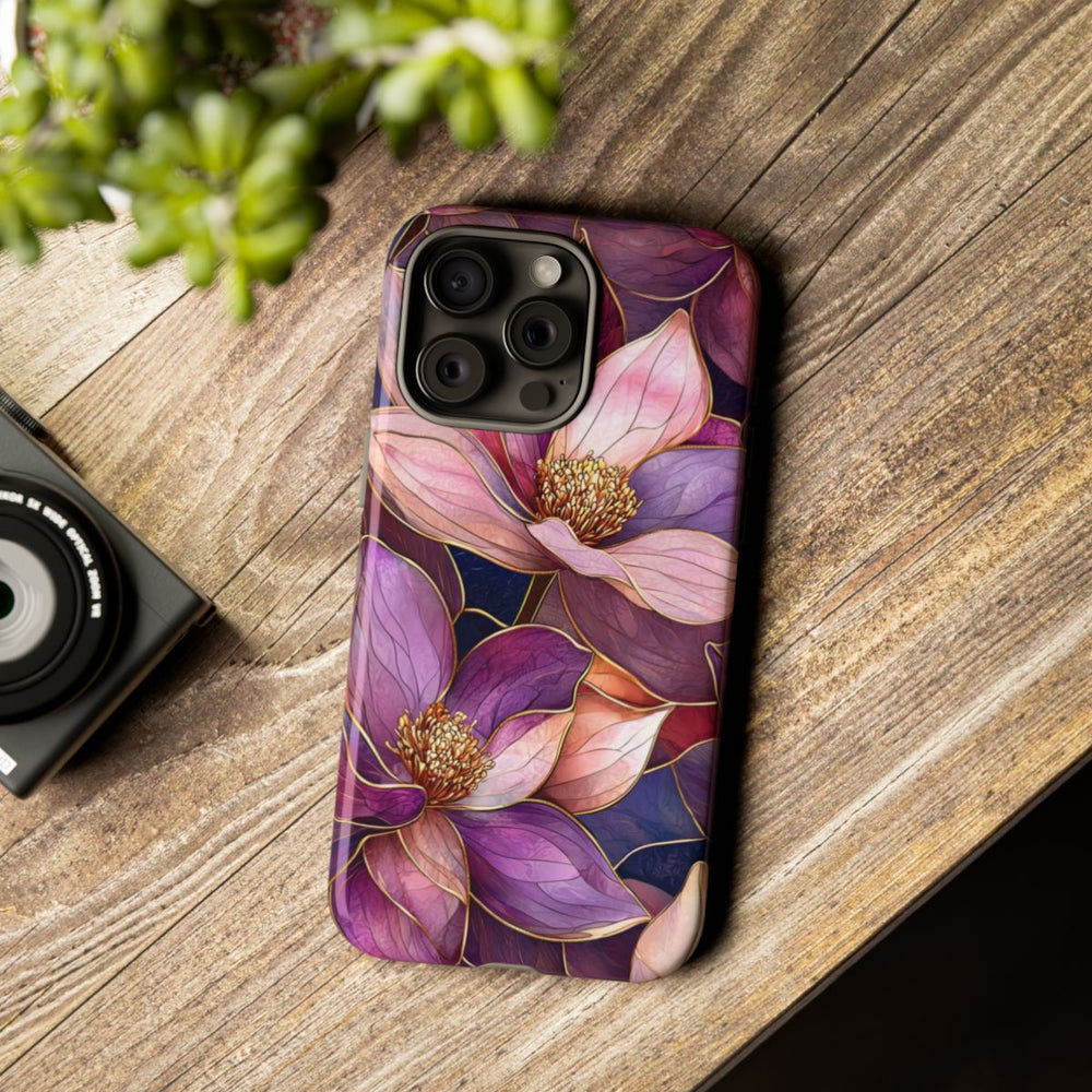 Paarse Magnolia Bloemen in Glas-in-lood