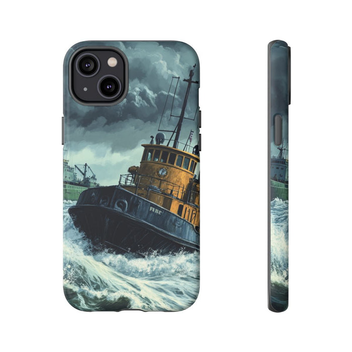Vintage Sleepboot Sleept Vrachtschip in Onstuimige Zee