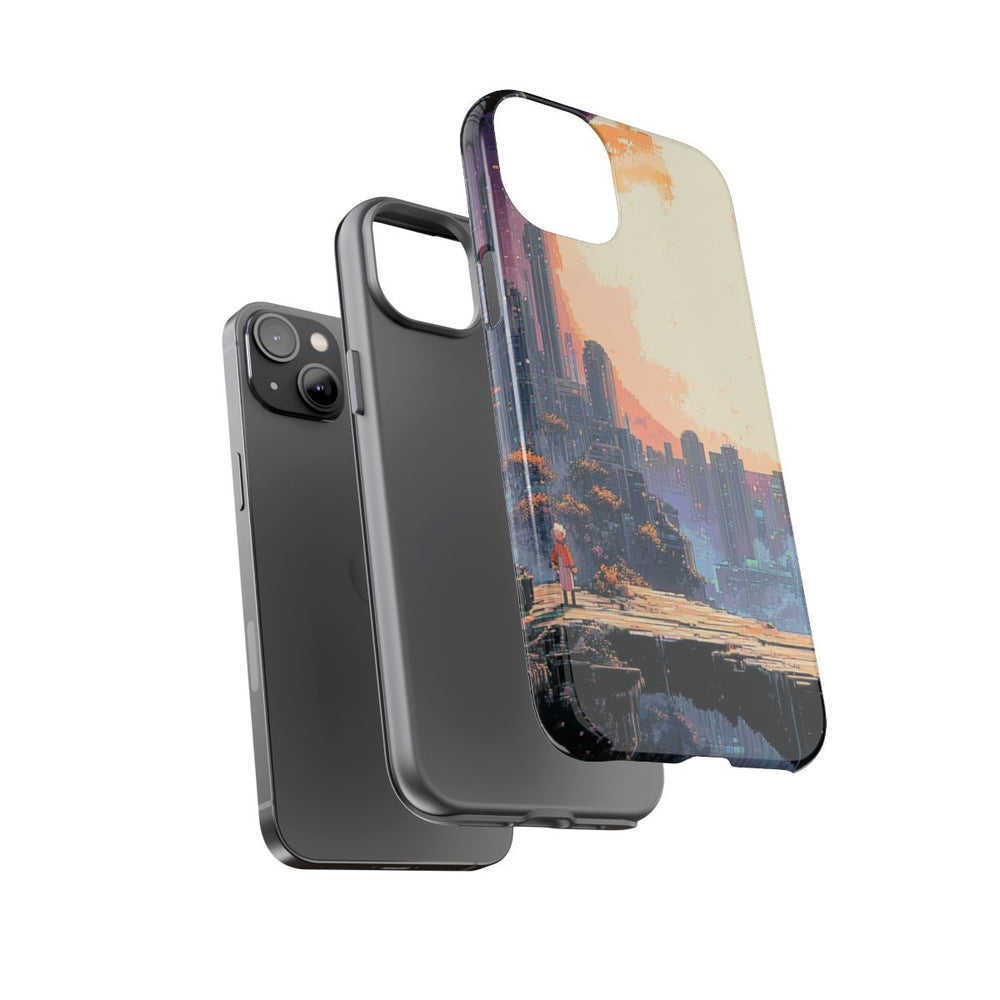 Pixel Art Stadsgezicht met Grote Maan