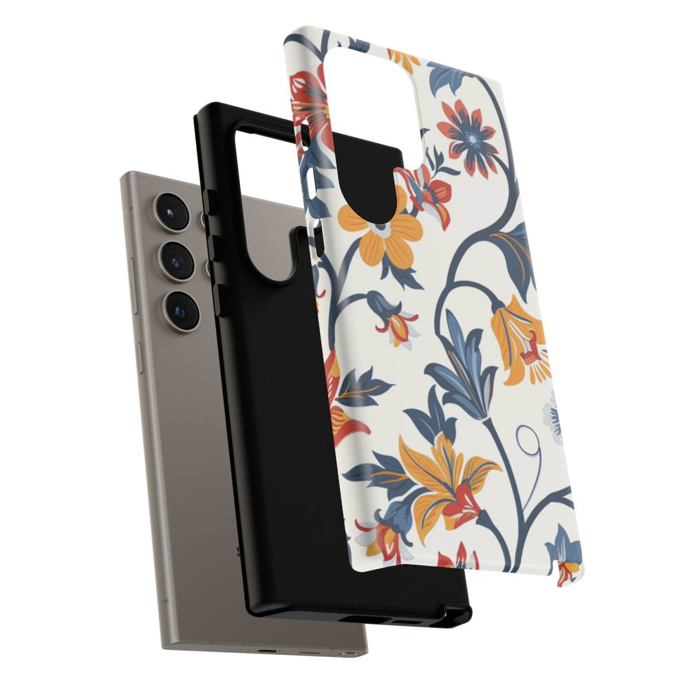 Retro Bloemenpatroon in Blauw, Rood en Geel