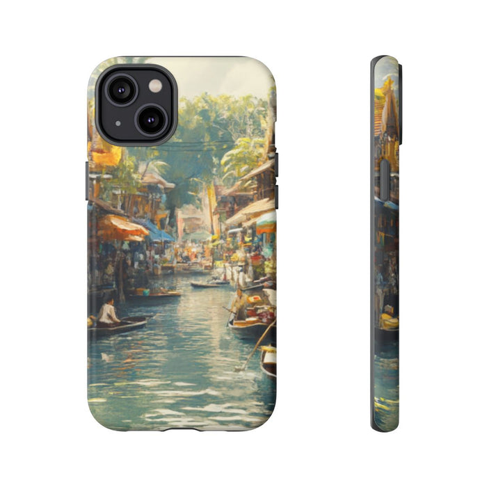 Levendige Watermarkt met Boten en Kramen