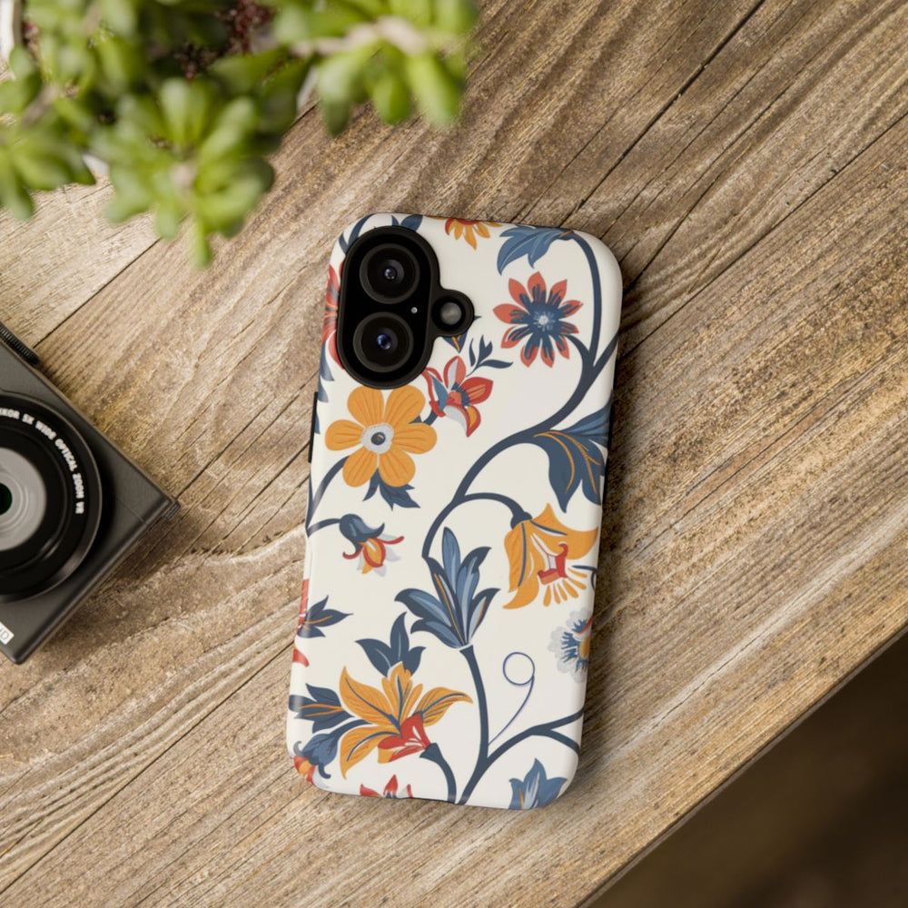 Retro Bloemenpatroon in Blauw, Rood en Geel