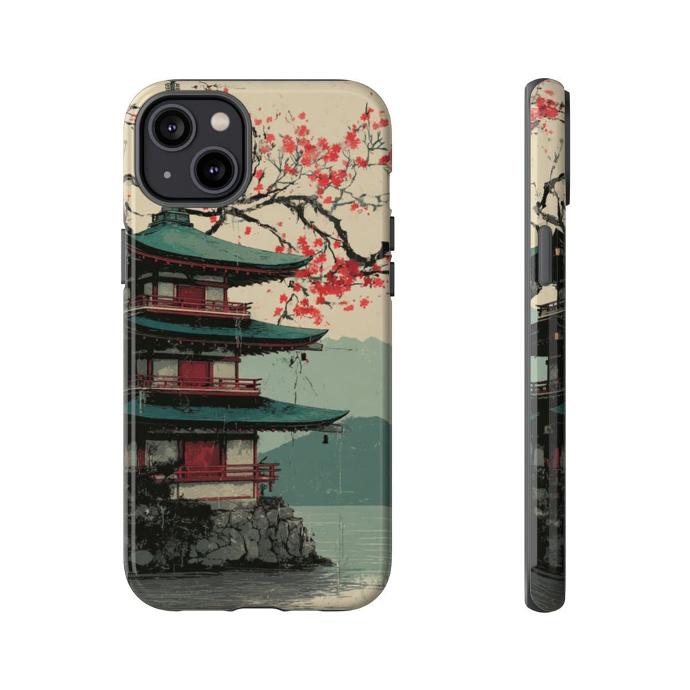 Pagode met Kersenbloesem en Rode Zon