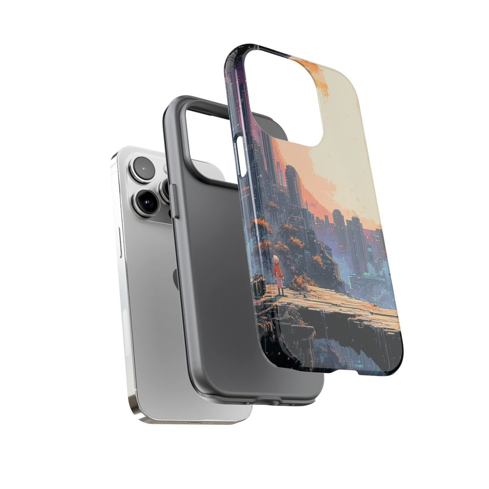 Pixel Art Stadsgezicht met Grote Maan