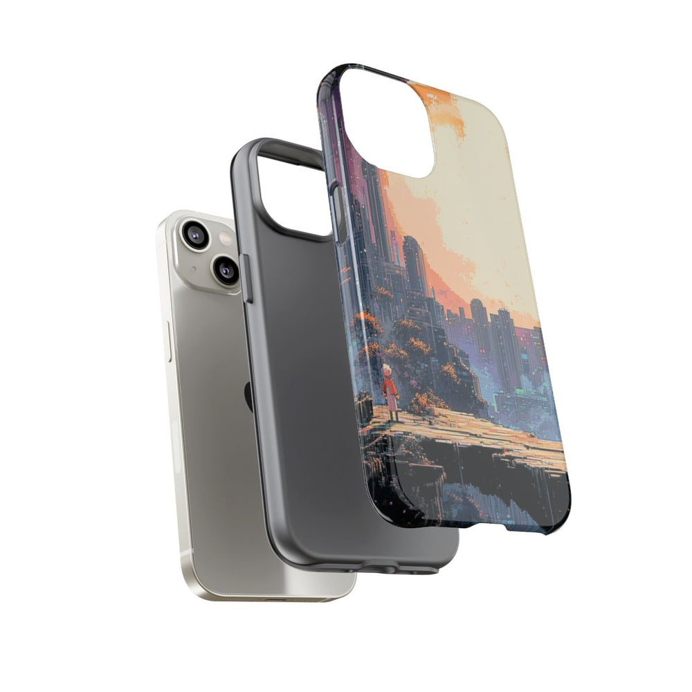 Pixel Art Stadsgezicht met Grote Maan