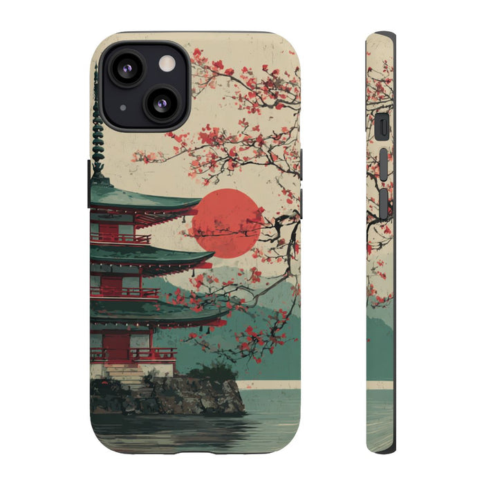 Pagode met Kersenbloesems en Rode Zon