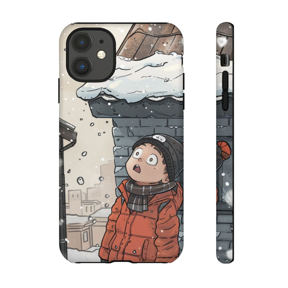 Chibi Man in Winterjas Kijkt Verwonderd naar Besneeuwd Dak