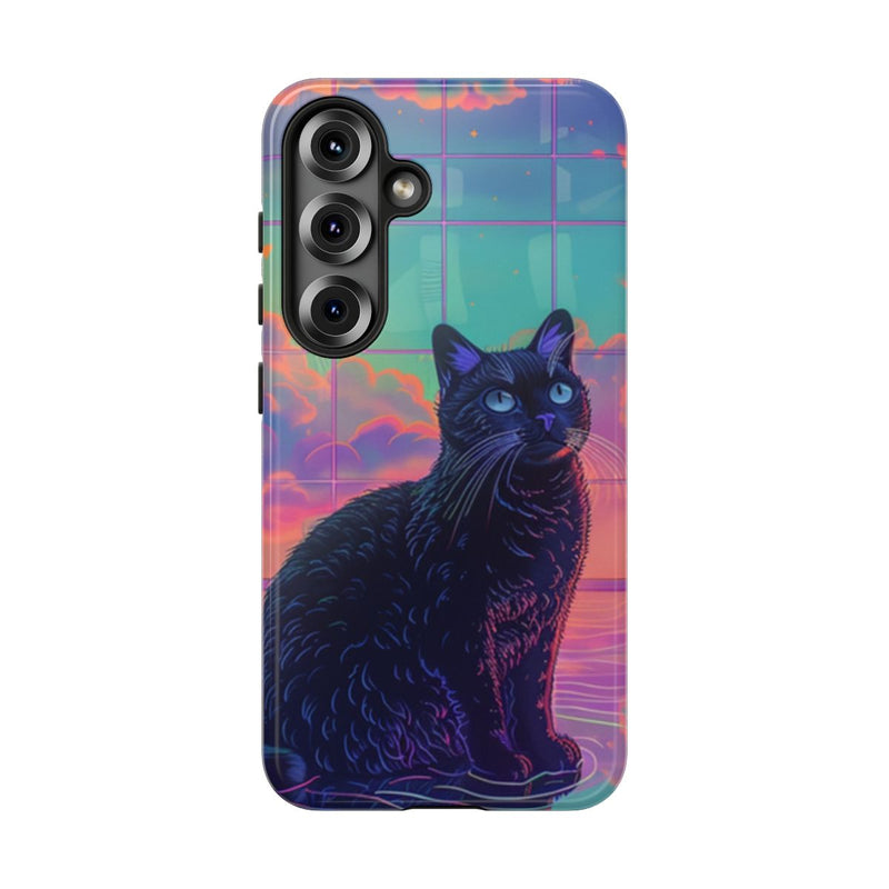 Zwarte Kat met Neonlucht Reflectie