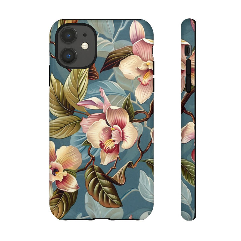 Orchideeën Bloemenpatroon op Blauwe Achtergrond