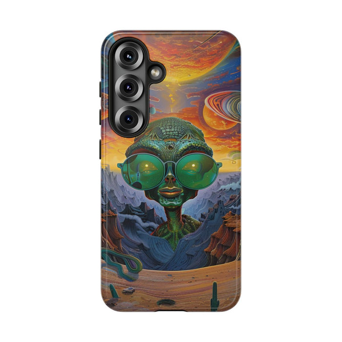 Groene Alien met Zonnebril in Psychedelisch Ruimtelandschap