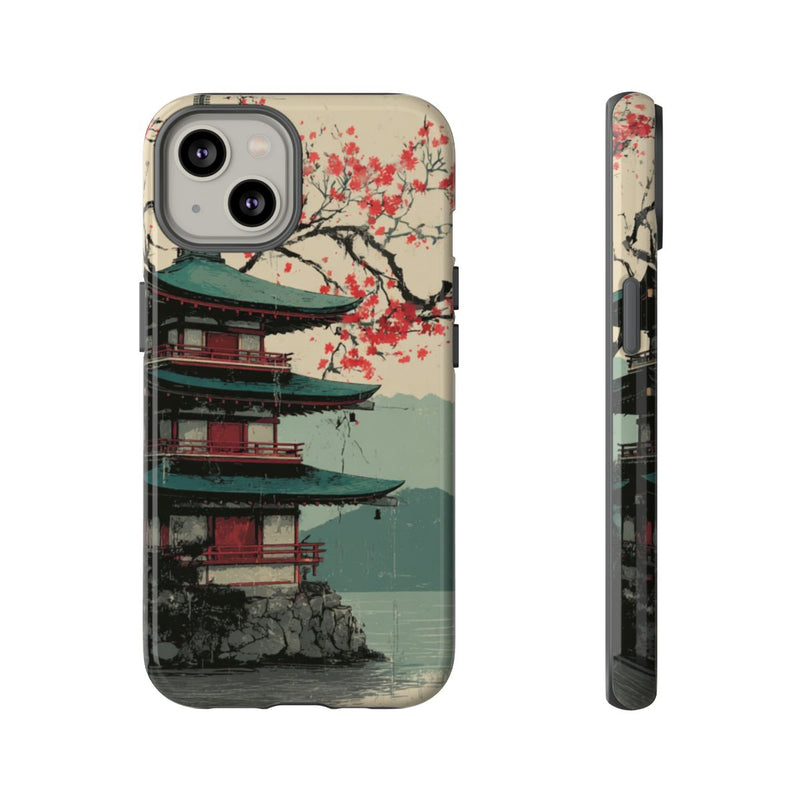 Pagode met Kersenbloesem en Rode Zon