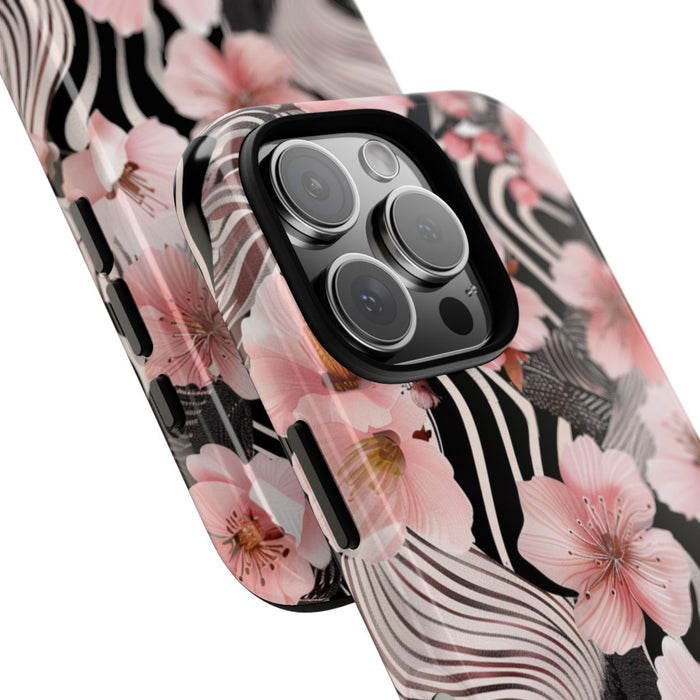Roze Kersenbloesems met Zwart-Wit Abstract Patroon