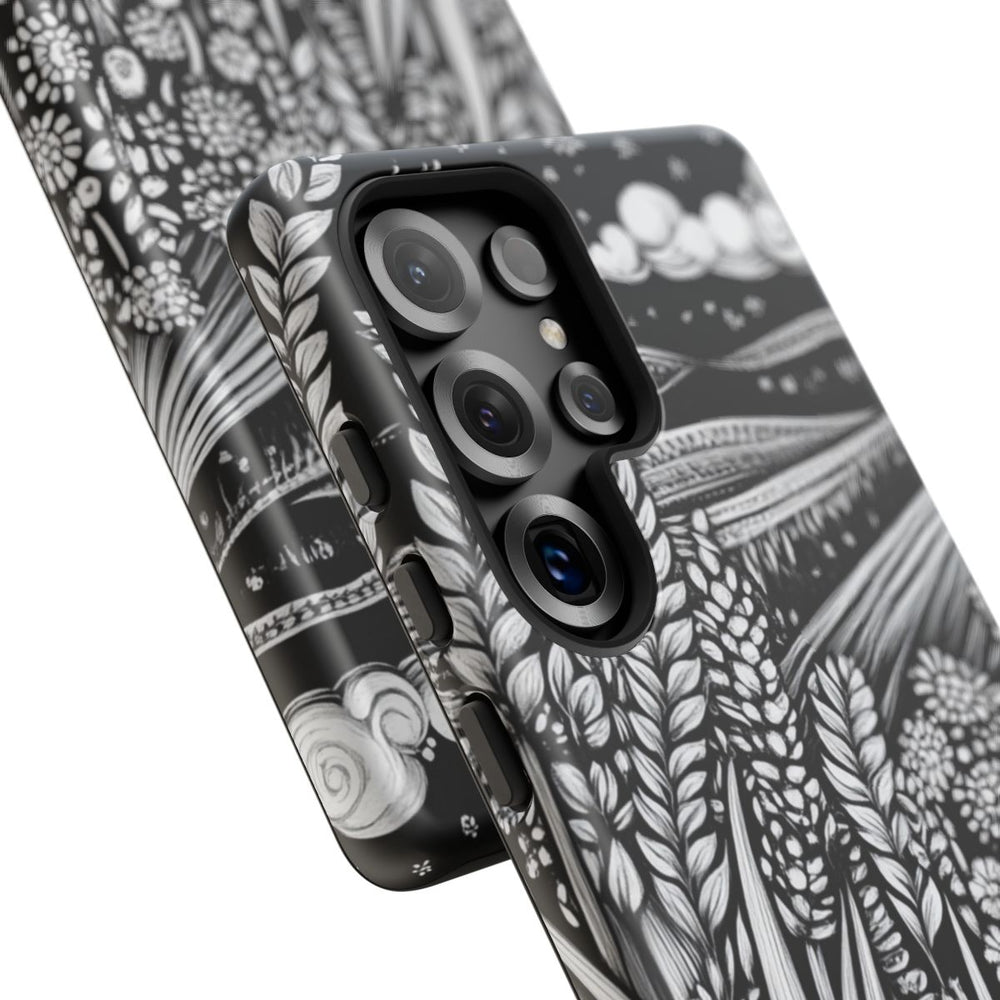 Zwart-Wit Folk Art Landschap met Tarwe en Bloemen