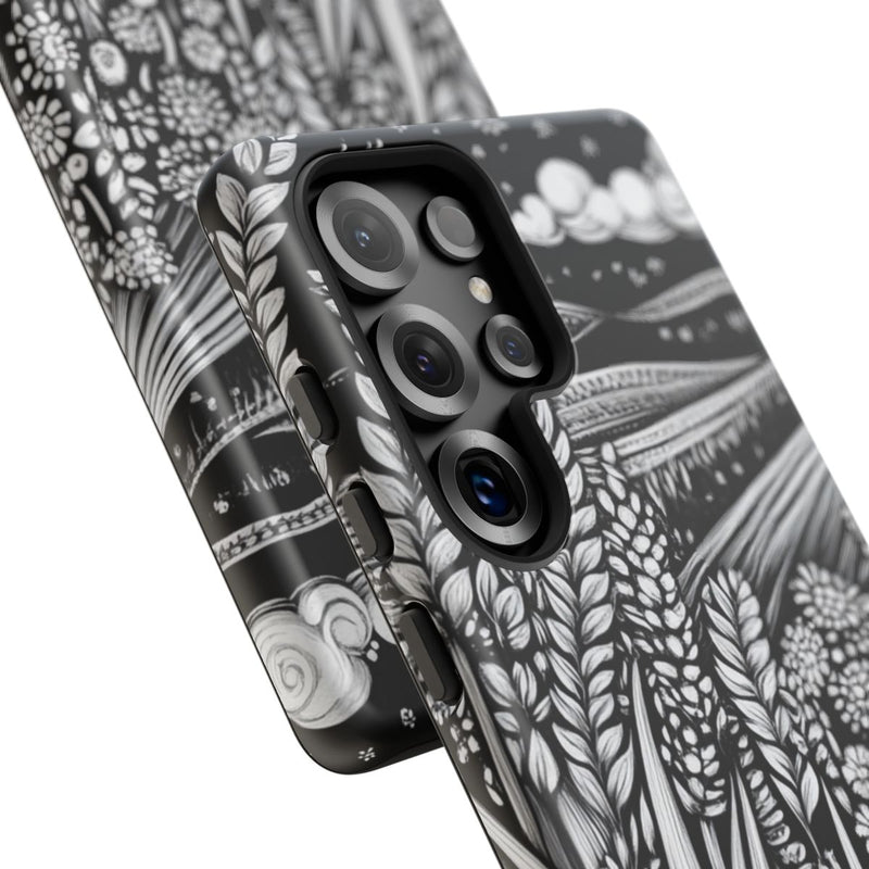 Zwart-Wit Folk Art Landschap met Tarwe en Bloemen